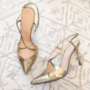 Sergio Rossi Gold Leather Pointed Toe Bon Ton Slingback Sandals, Size 39